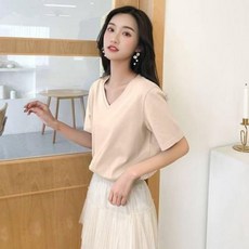 남자 여자 반팔 티 셔츠 기능성 레이어드 면 여름 반팔티 여 브이넥 루즈핏 솔리드 심플