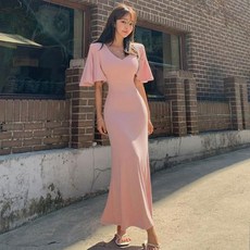 op1295레터링데이트룩편안한여자허리잘룩h라인반팔롱원피스