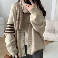 Rakumin 여성 루즈핏 브이넥 도톰 니트가디건