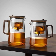 티포트 찻잔세트 내열유리 우드 티메이커 원터치필터, 1개, 500ml 우아한 컵 + 슬림컵 6 + 트레이