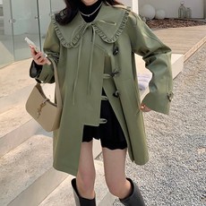 POMTOR 여성 가을 오버핏 러플 카라 트렌치코트 귀여운 롱 자켓