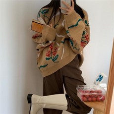 요즘힙한 모델한혜진 레트로 프린트 루즈핏 스웨터 여성니트 여자니트 완소템 오피스룩