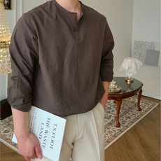 3Color 남자 헨리넥 차이나카라 린넨 튜닉 오버핏 티셔츠