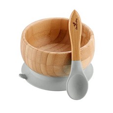 Avanchy 베이비 워커 베이비 수유 그릇 자연스럽게 배치 된 천연 대나무 흡입 그릇 부드러운 팁 실리콘 스푼 세트 BPA 무료 어린이 식품 선물 패키지 (Gray), Gray