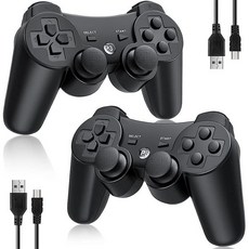 소니 플레이스테이션 3용 PS3 무선 컨트롤러용 컨트롤러 2팩 더블 쇼크 3 블루투스 충전식 모션 센서 360° 아날로그 조이스틱 PS3용 리모트 USB 충전 코드, No Stripes(Black + Black)