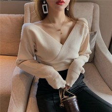 브이넥 오프숄더 슬림 랩 니트 티