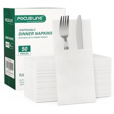 FOCUSLINE 일회용 천 같은 냅킨 50개 내장 플랫웨어 포켓 미리 접힌 리넨 느낌의 화이트 냅킨 저녁 식사 결혼식 파티 또는 이벤트용, 50 Count, 1개
