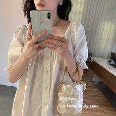 베이비돌원피스 TU봄여름 뉴타입 루즈핏 날씬해보이는 벌룬소매 오부소매 인형 스커트복고풍 스퀘어칼라 주름무늬 원피스