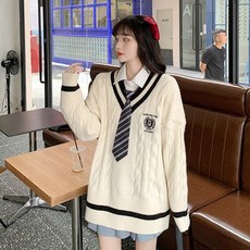 Nov.23 28번 니트 여 추동 봄가을 루즈핏 긴팔 브이넥 탑 스쿨룩 니트Z