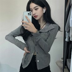 Vezri 여성용 봄 가을 그레이 빈티지 폴로넥 슬림핏 세련된 니트 긴팔 티셔츠 SKZ222