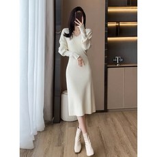 하베스 포근 핏 프리사이즈 원피스 니트 원피스 풀오버원피스 니트드레스 긴소매드레스 긴소매원피스 v넥원피스 하이웨이스트원피스 겨울원피스 하객룩 데이트룩