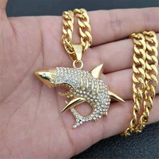 스테인레스 스틸 빅 상어 펜던트 목걸이 남성 쥬얼리 힙합 골드 컬러 아이스 라인 석 바다 동물 목걸이 Dropshipping|펜던트 목걸이|