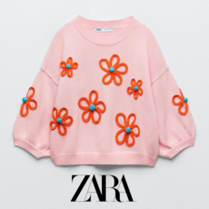 ZARA 가을 여성 라운드넥 니트스웨터 캐주얼 핑크 꽃자수 0021020 621