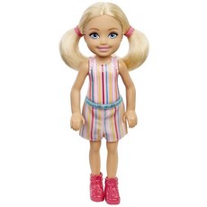 바비 7232494386 Barbie 첼시 인형 금발 땋은 머리와 파란 눈을 가진 작은 탈착식 스트라이프 드레스 및 핑크 부츠