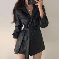 여자재킷 해외무역 여성패션 미들롱타입 셔츠식 벨트 가죽옷 재킷