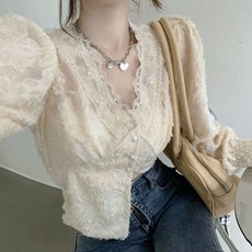 안나리야 브이넥 레이스 플라워 꽃 스모크 크롭 블라우스 SY