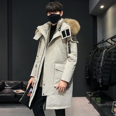 DFMEI 패딩남겨울남성중기장커플빅퍼카라후드화이트오리털두툼한카고트렌드