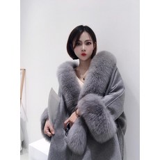 판초 망토 코트 양면 캐시미어 울 코트 느슨한 프로필 여우 모피 칼라 케이프 후드 겨울