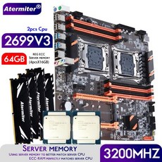 Atermiter 듀얼 X99 마더보드 LGA2011-3 XEON E5 2699 V3 X 2 U 4개 X16 GB = 64GB DDR4 3200MHz 서버 메모리 콤보 키트, 1.마더 보드 + CPU + RAM