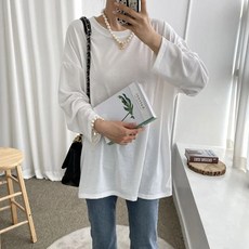 마이시즌 여성용 루즈핏 스판 라운드 긴팔 티셔츠
