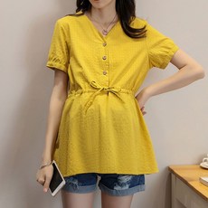 토파즈 YP0110 임산부 임부복 여름 블라우스 셔츠 셔링 브이넥 끈 면 카라넥 빅사이즈 반팔 루즈핏