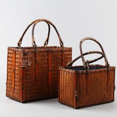 라탄바구니 피크닉바구니 일본식 복고풍 차 세트 저장 가방 휴대용 부티크 대나무 가방, 작은 대나무 가방 (사진에서 작은)