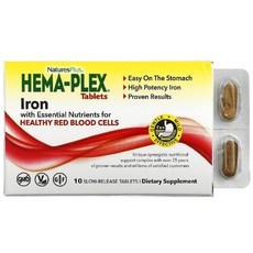 NaturesPlus Hema-Plex 건강한 적혈구를 위한 필수 영양소와 철분 함유 서방형 정제 10정
