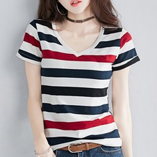 100153C 줄무늬 스트라이프 브이넥 여성 반팔 티셔츠