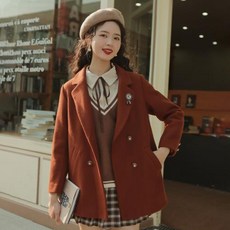 2021 가을과 겨울 새로운 레트로 모직 코트 여성 모직 천 느슨한 대학 스타일의 정장 칼라 코트, 복고 귤 현물, M