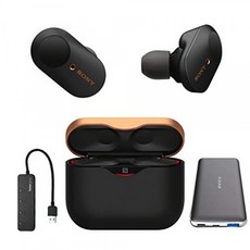 소니 WF-1000XM3 진정한 무선 노이즈 캔슬링 이어 버드 헤드폰 (블랙 미국 보증) 울트라 포터블 5 000mAh 배터리 팩 및 4 포