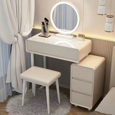 콘솔 서랍형 폭조절 확장형 화장대 세트 거울 포함 A01/원형거울+흰색+수납장+스마트거울+의자(A) 70cm