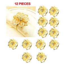 6/12PCS 골드 실버 냅킨 링스 버클 웨딩 크리스마스 생신 냅킨 링은 꽃 잎 Flower Leaf Napkin Rings Serviette Buckle Gold Silver, 12 PCS-꽃 골드, 12개