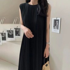 여성 세련된 블랙 쉬폰 드레스 기계 주름 슬리브리스
