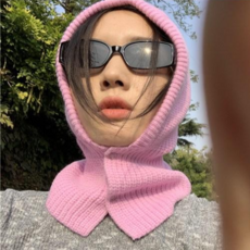 4 Color 겨울 여성 투버튼 니트 후드 넥워머 바라클라바 모자, 핑크