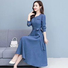쩐쿠 가을 여성 라운드넥 긴소매 옆리본 롱 원피스 8316