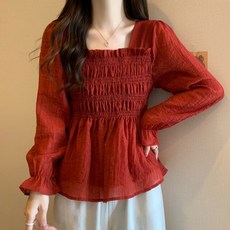 정말이쁜 통통한 소녀를 위한 대형 디자인 주름 스퀘어 칼라 퍼프 슬리브 셔츠 달콤한 서양식 인형 고기 커버링 탑 가을 여성용