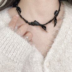 어피스오브 리본 블랙 비즈 여성 초커 목걸이 오간자 새틴 레이어드 데일리 패션 목걸이