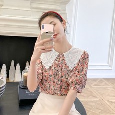 봄 여름 자수 플랫카라 셔츠 플라워 반팔 프렌치시크 여성