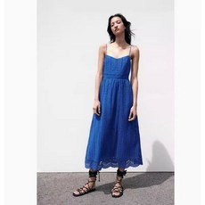 ZARA 서스펜더 자수 드레스 펀칭 블루 롱 끈나시 원피스