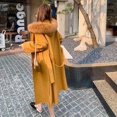 캐시미어 코트39# 폭스 퍼 칼라 100% 올 울 고지가운 후드 캐시미어 코트 양면 코트 뉴타임즈GXYZ
