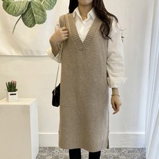 업쓰 여성 브이넥 롱 니트 조끼 루즈핏 원피스