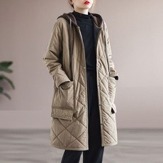 FANSYLI 여성 가을 겨울 패션 마름모 체크 패딩 아우터 캐주얼 하프 후드 코트 X8A03