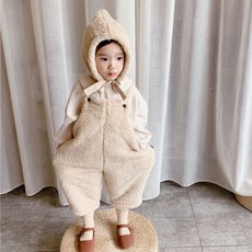 유블리 키즈 양털 점프수트 아동 아기 모자 세트 리본 멜빵바지 KJ 뽀요요
