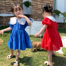 미소파파 여아 여름신상 진주 블랑 자수 카라 퍼프 원피스 컬러풀 레드 블루 드레스