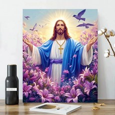 보석십자수 캔버스형 원형비즈십자수 DIY키트 40x50cm 3D 대형 선물용 재물 객실 풍수 인테리어, 1세트, 30 예수님 백합꽃 1세트, 30 예수님 백합꽃
