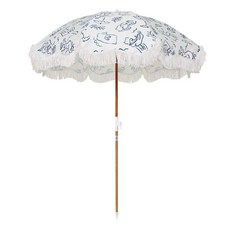 Business & Pleasure Co. 홀리데이 우산 - 보헤미안 비치 파라솔 화이트 프린지 UPF 50+ 2.5cm(1인치) 틸팅 우드 폴 1.5m x 1.6m(5피트