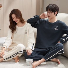 ANYOU 데일리 곰돌이 순면 파자마 커플 홈웨어 베이직 긴팔 실내복 잠옷 상하의 세트