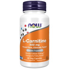 NOW Supplements L-Carnitine 500mg Purest Form Amino Acid Fitness Support* 60 Veg Capsules, 60정, 1개