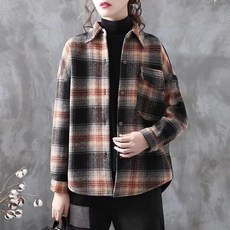 부드럽고 따뜻한 여성 셔츠 자켓 루즈핏 체크원단 앞단추 폴로넥 가디건 상의 바람막이