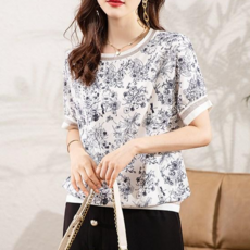 [바니드] 여성 럭셔리 여름 스타일 라운드넥 반팔 꽃무늬 티셔츠 0621